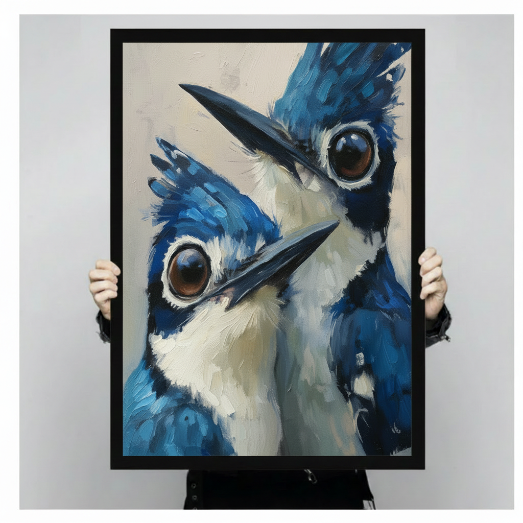 Framed blue jay canvas print held up for size reference — bold bird portrait with big eyes, oil painting style wall art