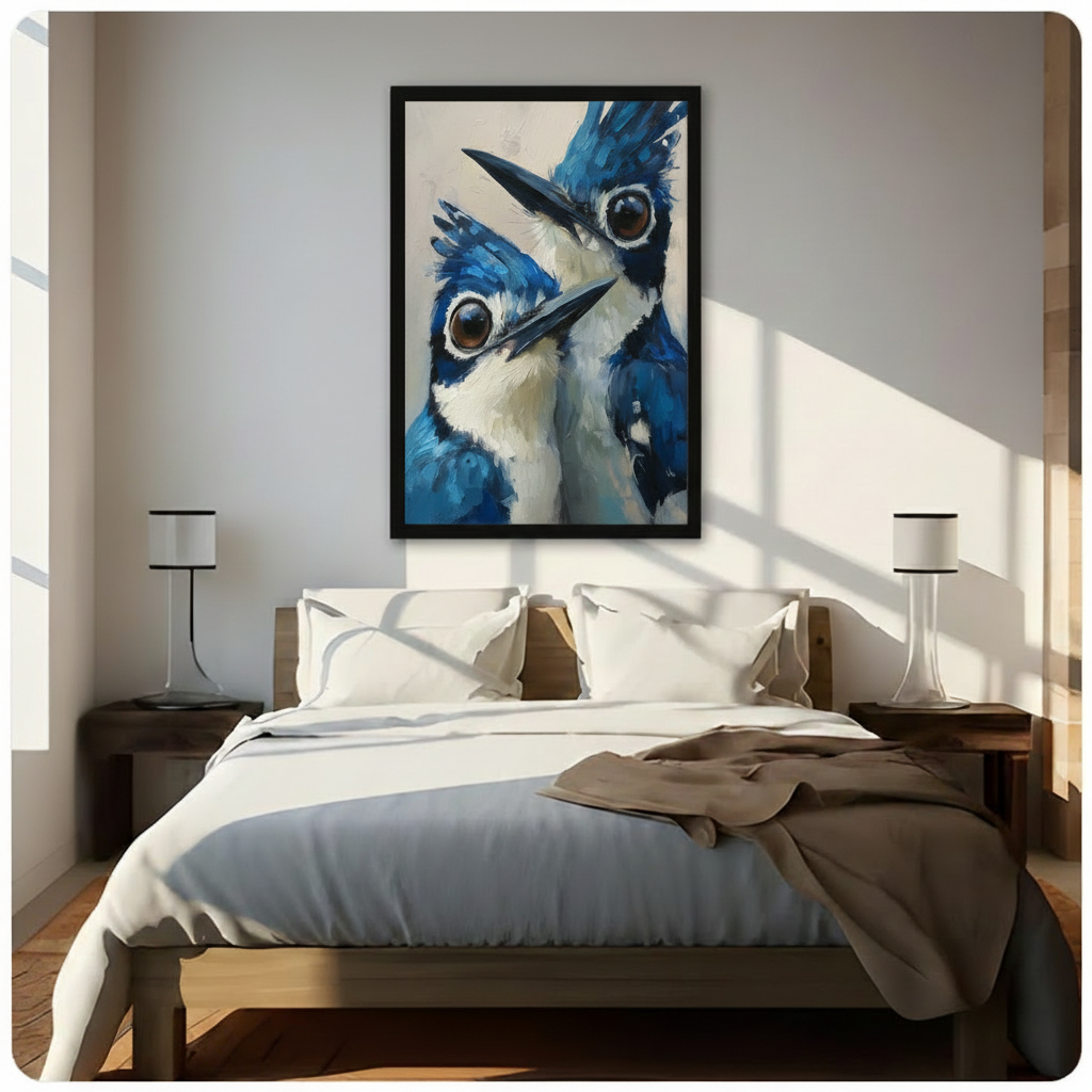 Blue jay framed art print above bed in bright Scandinavian bedroom — two birds close-up painting, nature wall decor