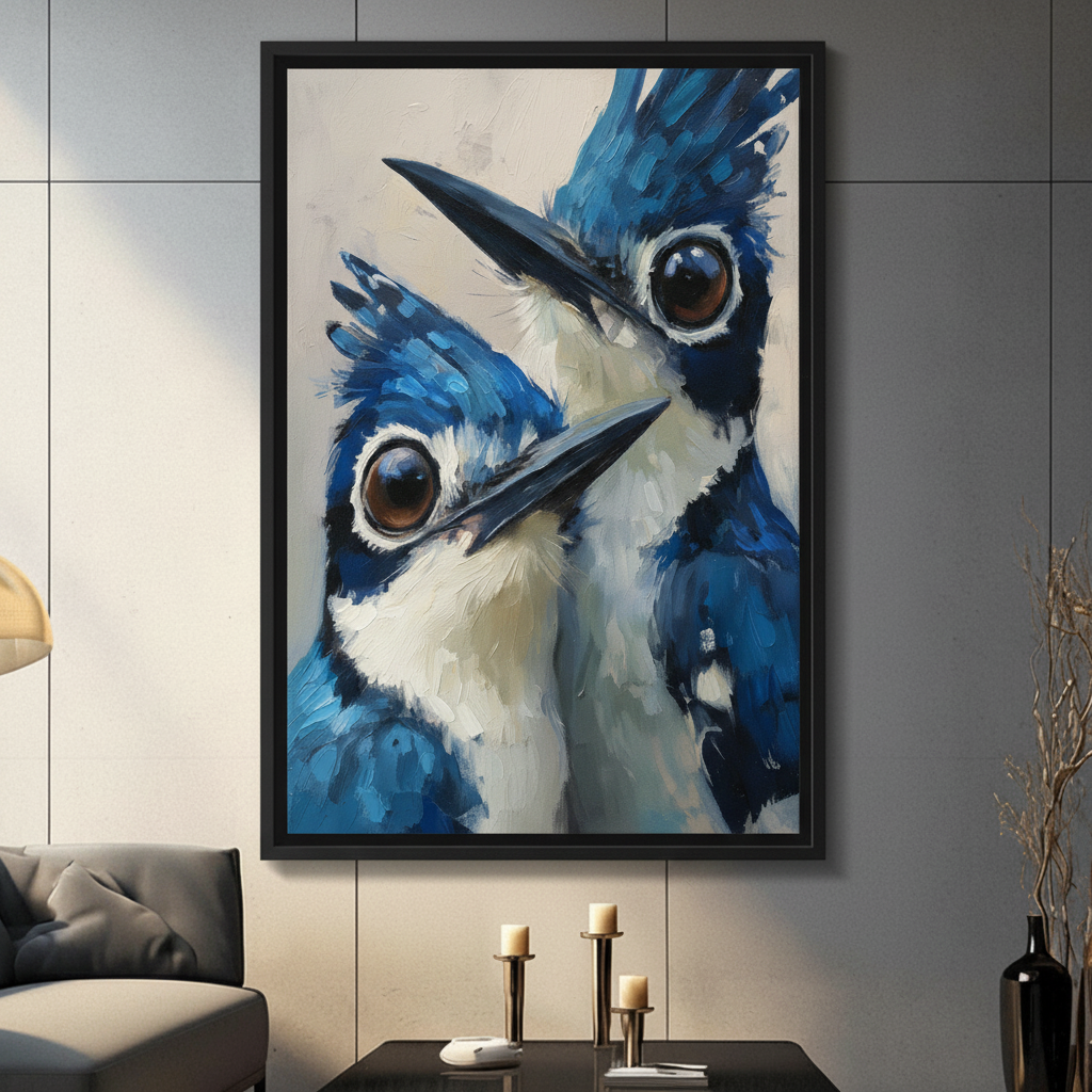Blue jay pair framed canvas print in modern grey interior — expressive bird portrait wall art, black frame home decor