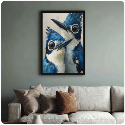 Black framed blue jay bird painting above sofa — whimsical dual bird portrait canvas, blue feather wall art for living room