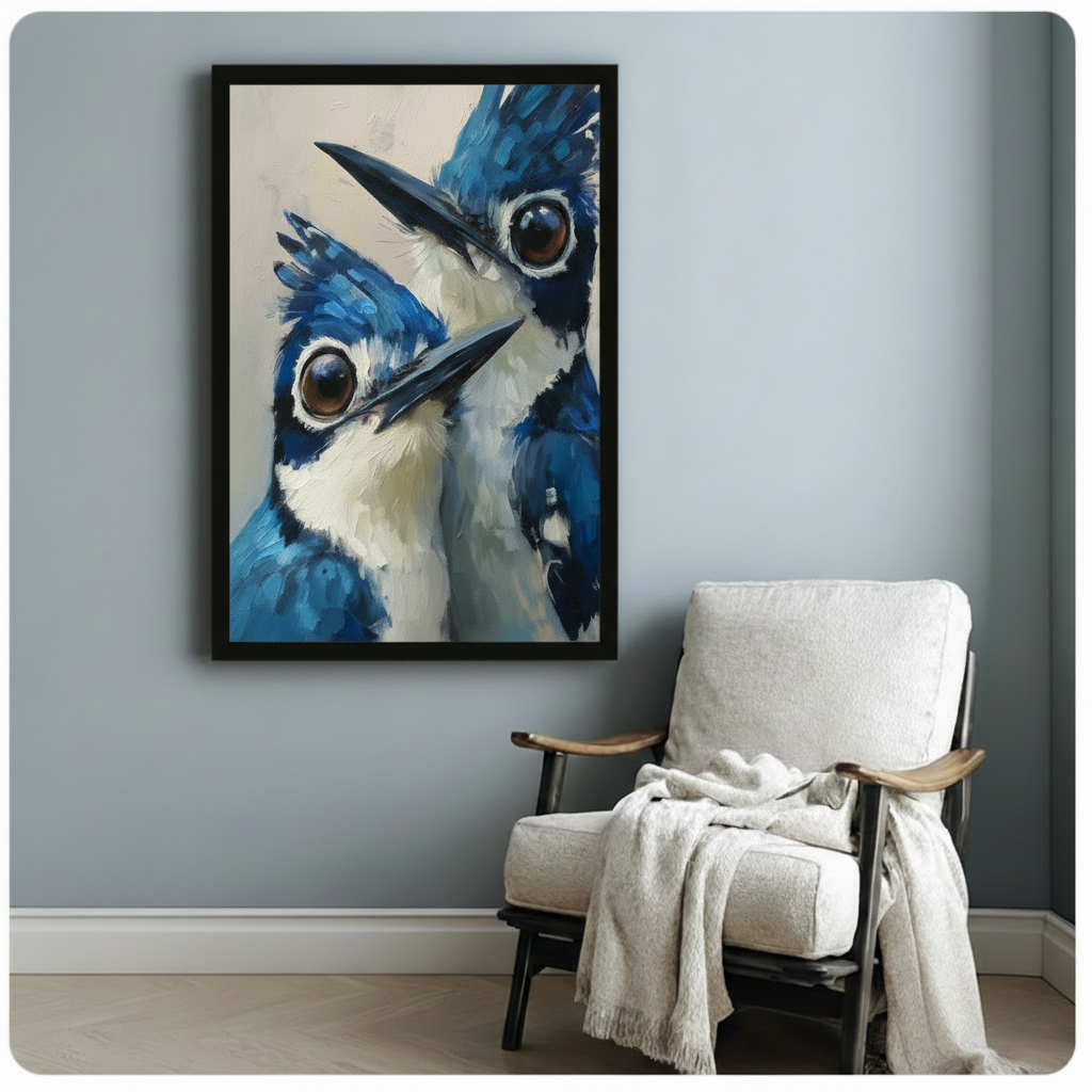 Blue jay wall art in black frame above armchair — expressive two-bird oil painting print, blue and white feather close-up