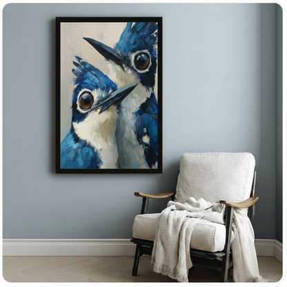 Blue jay wall art in black frame above armchair — expressive two-bird oil painting print, blue and white feather close-up