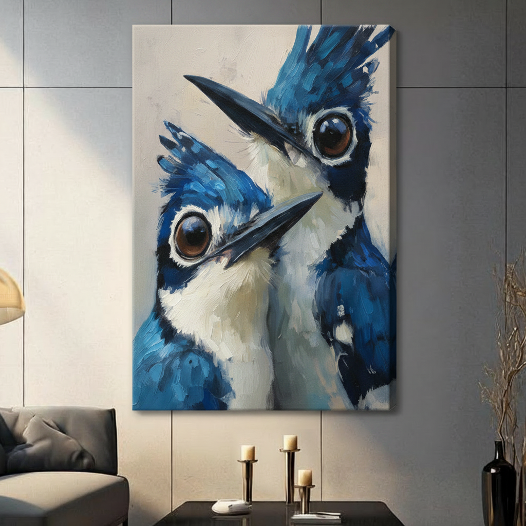 Large blue jay canvas wall art without frame in contemporary living space — oversized bird oil painting, gallery-style nature decor