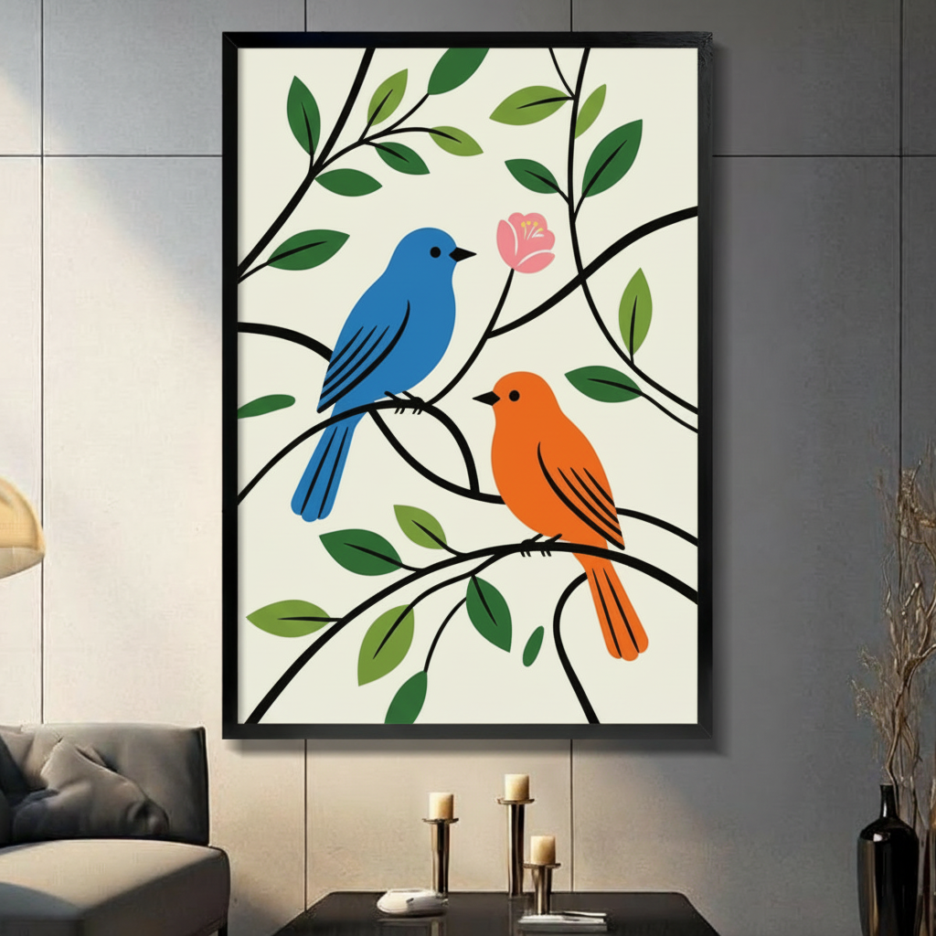 Framed canvas wall art featuring a blue and orange bird perched on flowering branches with green leaves, displayed in a modern living room above a console table