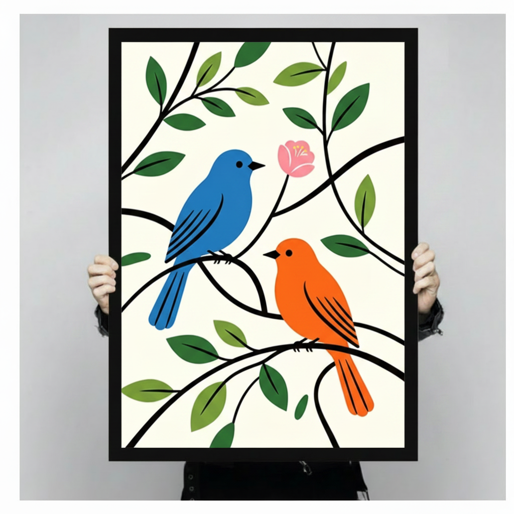 Hand-held display of a vibrant canvas art print showing two lovebirds — one blue, one orange — perched on intertwining black branches with green leaves and a pink flower