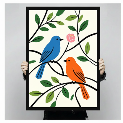 Hand-held display of a vibrant canvas art print showing two lovebirds — one blue, one orange — perched on intertwining black branches with green leaves and a pink flower