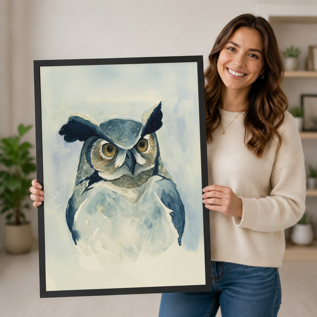Woman holding large blue watercolor great horned owl framed canvas art showing detailed brushwork and golden eyes
