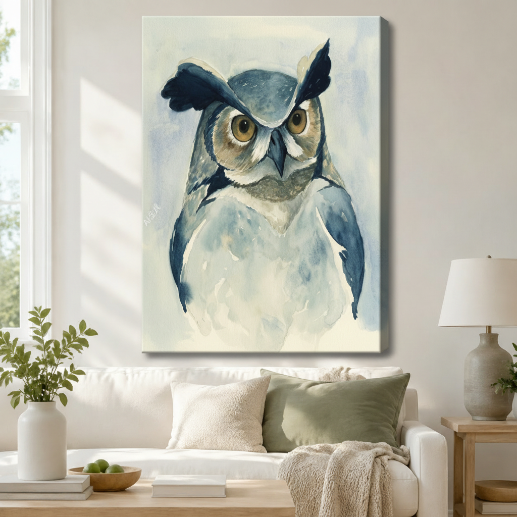 Soft blue watercolor owl portrait gallery wrap canvas art hanging above white sofa in modern farmhouse living room
