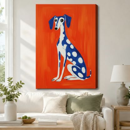 Bold orange background greyhound canvas print with white polka dots hanging above white sofa in modern living room