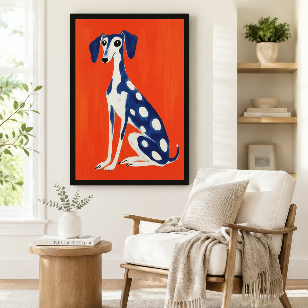 Framed greyhound dog wall art with blue and white polka dot pattern on vibrant orange background beside armchair