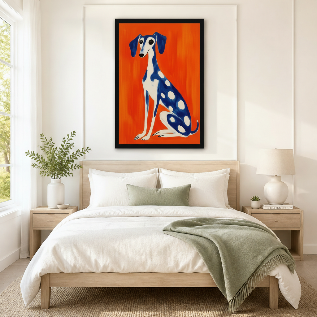 Greyhound dog framed canvas wall art with bold orange background and blue polka dots displayed above bed in Scandinavian bedroom