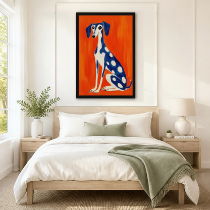 Greyhound dog framed canvas wall art with bold orange background and blue polka dots displayed above bed in Scandinavian bedroom