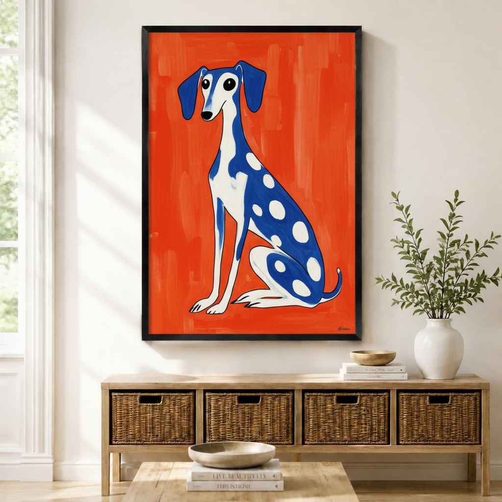 Blue and white polka dot greyhound wall art in black frame displayed above wooden console table in bright entryway