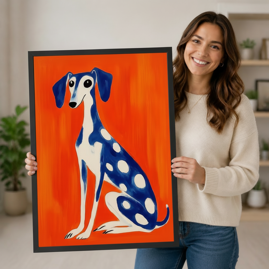 Woman holding large framed greyhound dog art print showing blue polka dot design on orange background for size reference