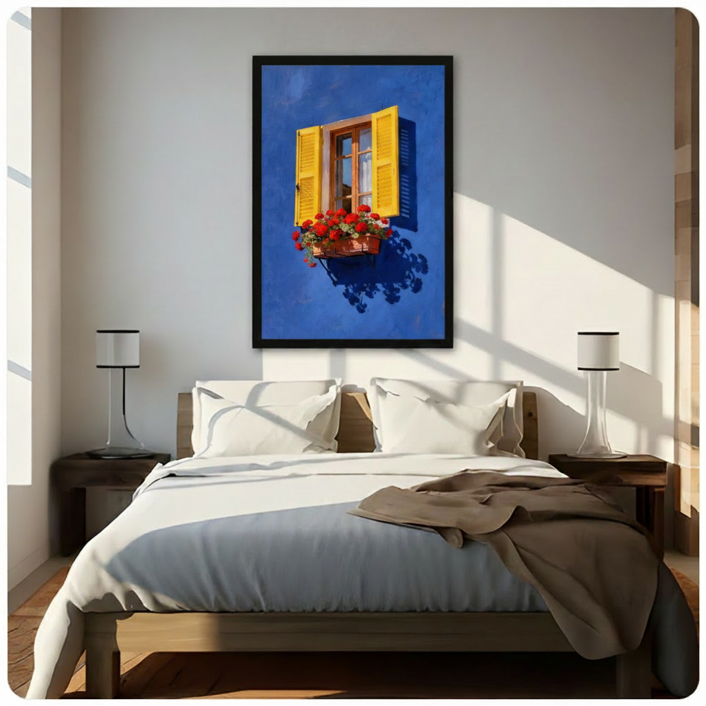Framed Mediterranean window wall art with yellow shutters and red geraniums displayed above bed in bright Scandinavian-style bedroom