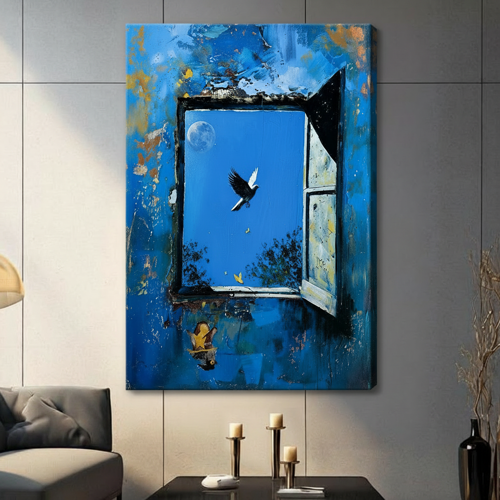 Canvas wrap wall art featuring a dramatic impasto oil painting of a crumbling blue wall with an open window, a soaring bird, golden moon, yellow butterflies, and a small figure playing guitar, hung on a gray wall in a contemporary living room