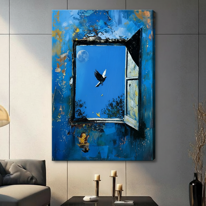 Canvas wrap wall art featuring a dramatic impasto oil painting of a crumbling blue wall with an open window, a soaring bird, golden moon, yellow butterflies, and a small figure playing guitar, hung on a gray wall in a contemporary living room