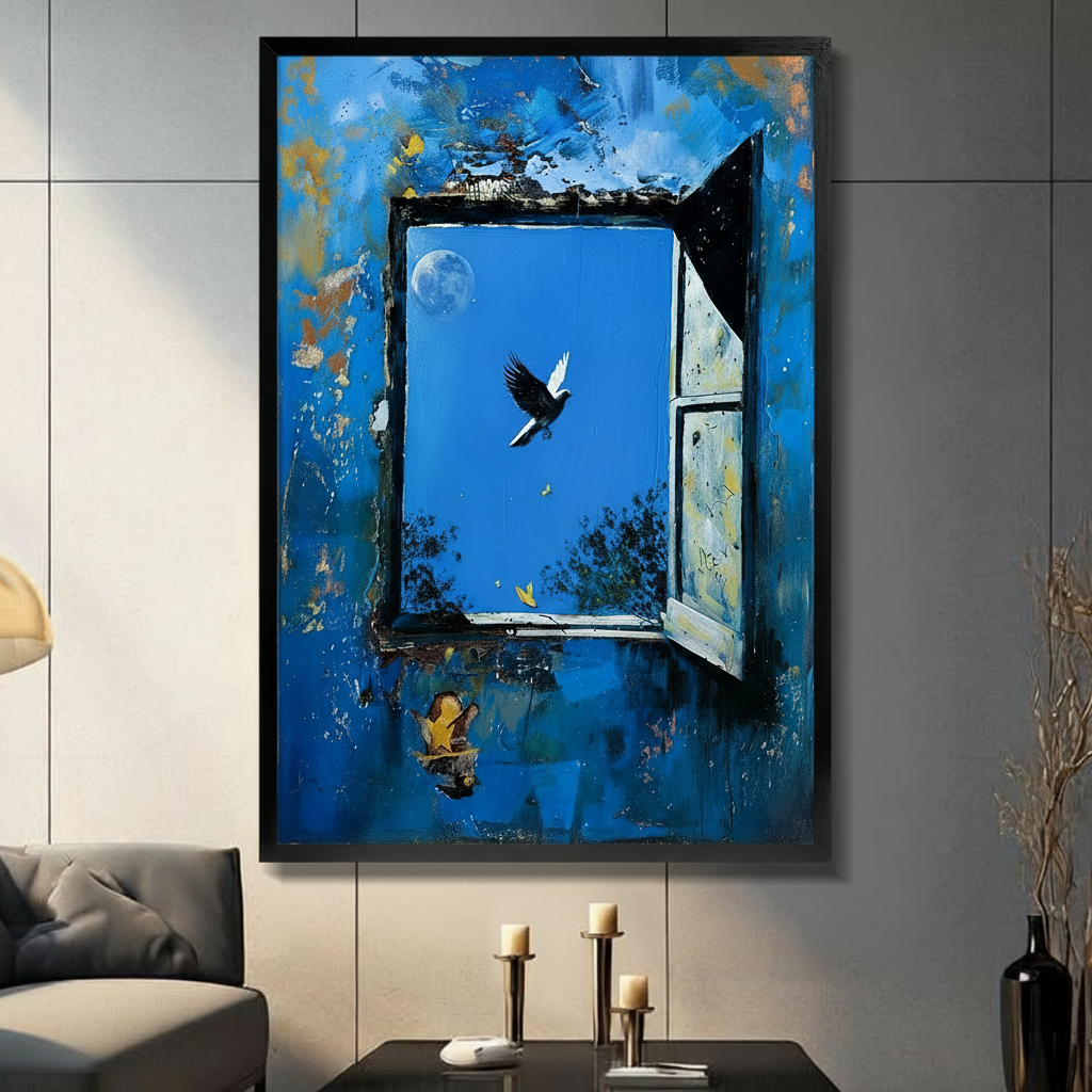Framed surreal oil painting wall art of a weathered blue wall with an open window revealing a bright blue sky, a flying black and white bird, a pale moon, and a tiny guitar player below, displayed in a modern living room above a console table with candles