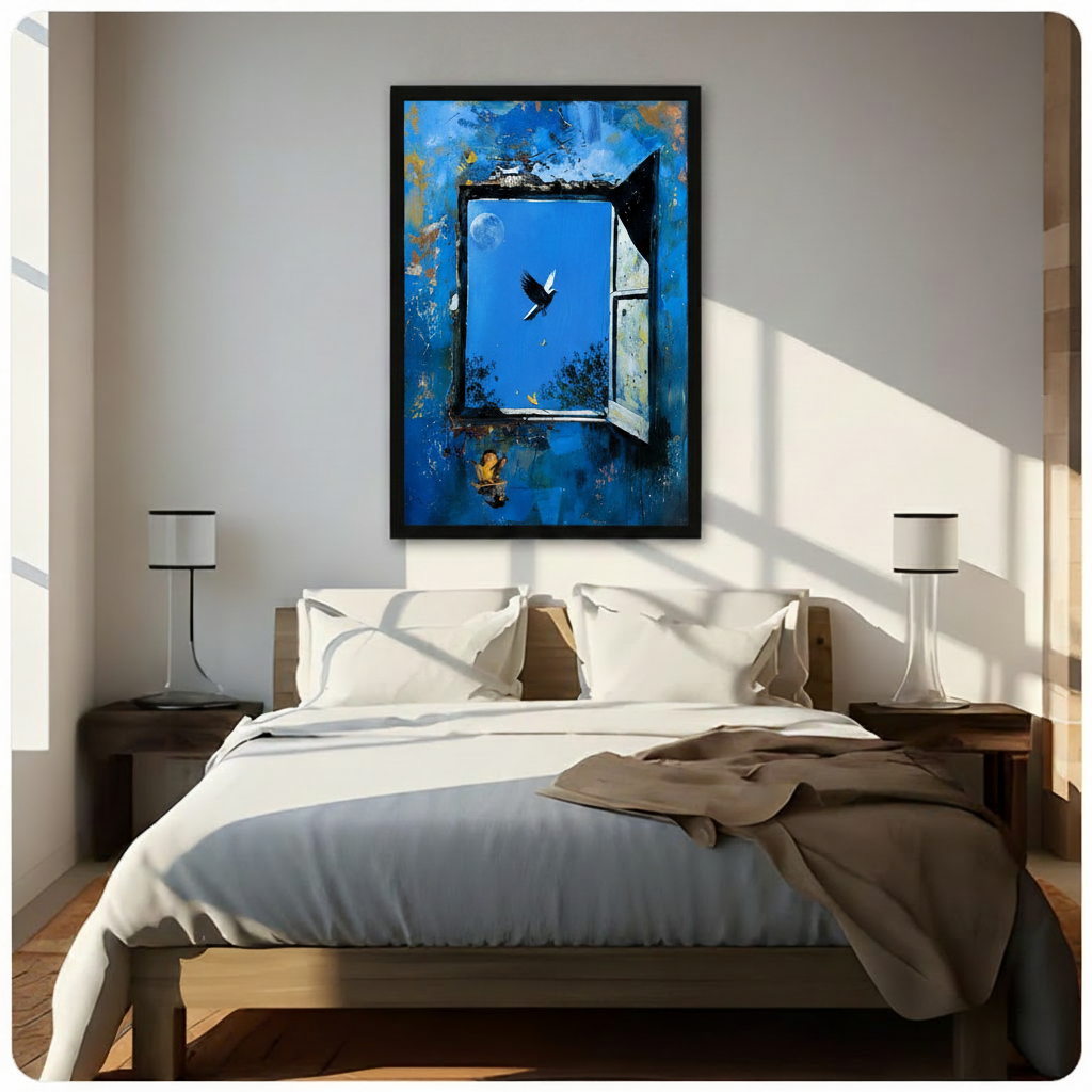 Framed surreal blue wall open window oil painting wall art with a soaring bird, pale moon, yellow butterflies and a guitar player, hung above a bed in a sunlit neutral bedroom with warm wood tones and white bedding