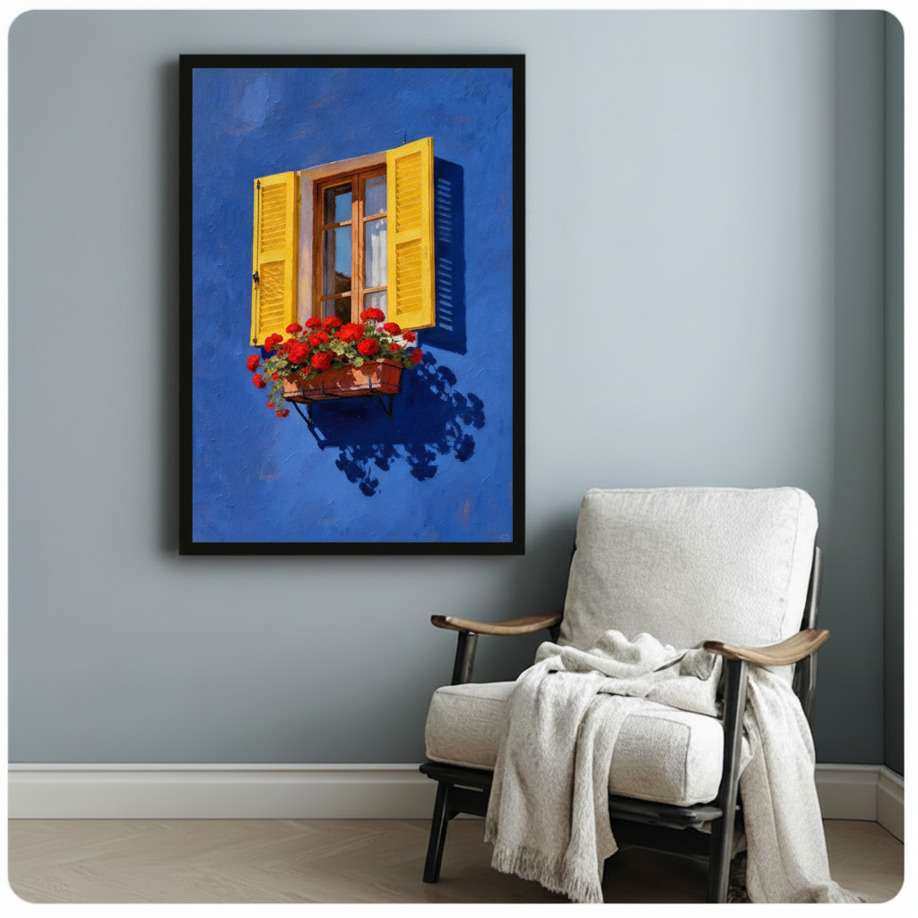 Black framed art print of colorful Mediterranean window with red geraniums, styled in minimalist room with white armchair