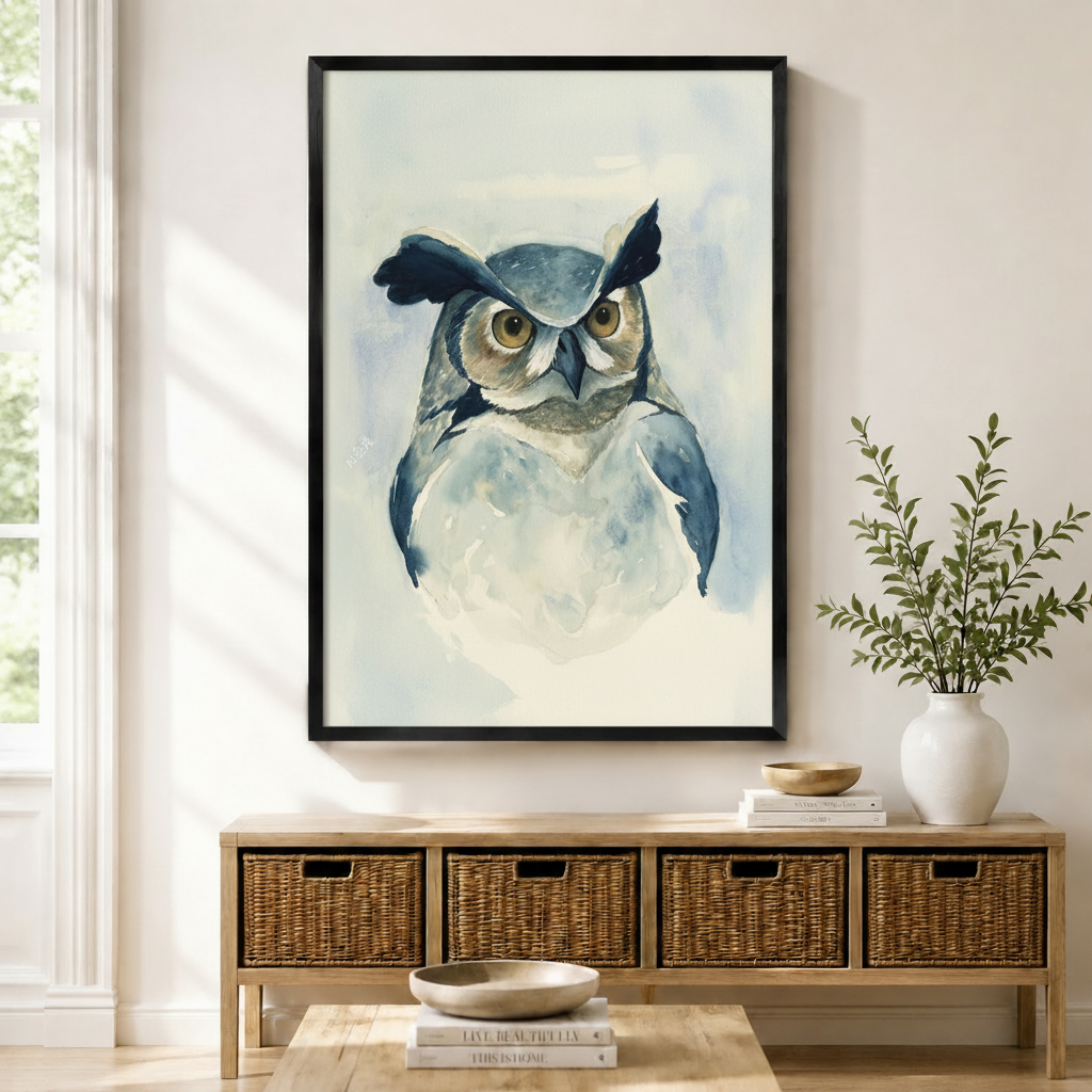 Blue and white watercolor great horned owl framed canvas wall art displayed above wicker storage console in bright entryway