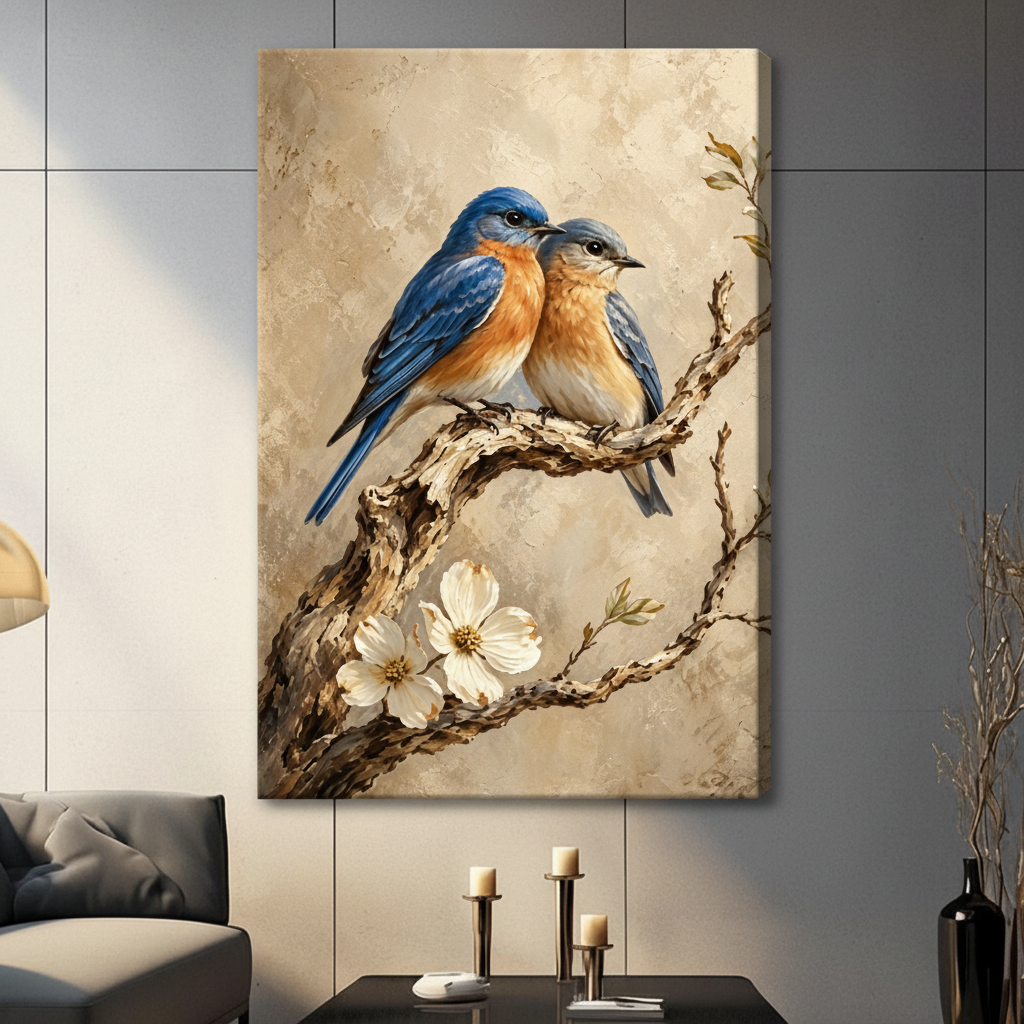 A pair of Eastern bluebirds with blue wings and orange chests resting on a twisted branch with white blossoms on a warm beige impasto background nature bird wall art stretched canvas in a living room with gray sofa candle holders and black vase