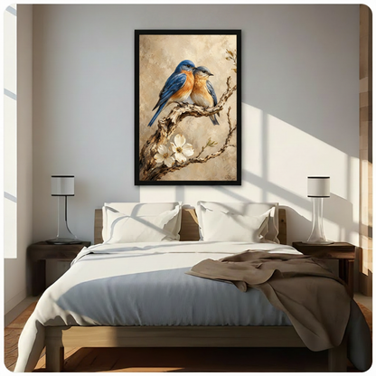 A bluebird couple perched on a textured branch with delicate white dogwood blossoms warm impasto oil painting nature wall art framed print above a bedroom with white linen bedding dark wood bed frame and white table lamps