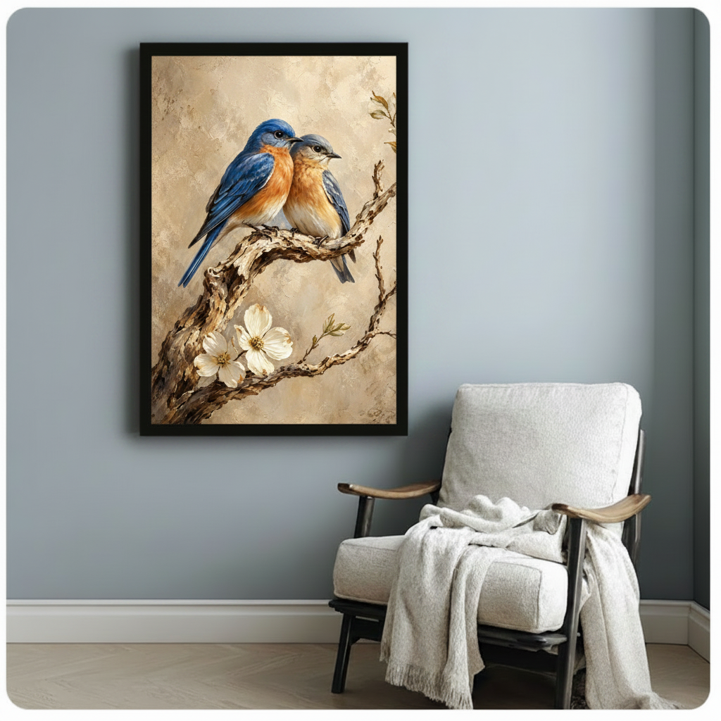 Male and female bluebirds sitting together on a gnarled branch above white dogwood flowers classic oil painting bird art framed print beside a white linen armchair with a cozy throw blanket