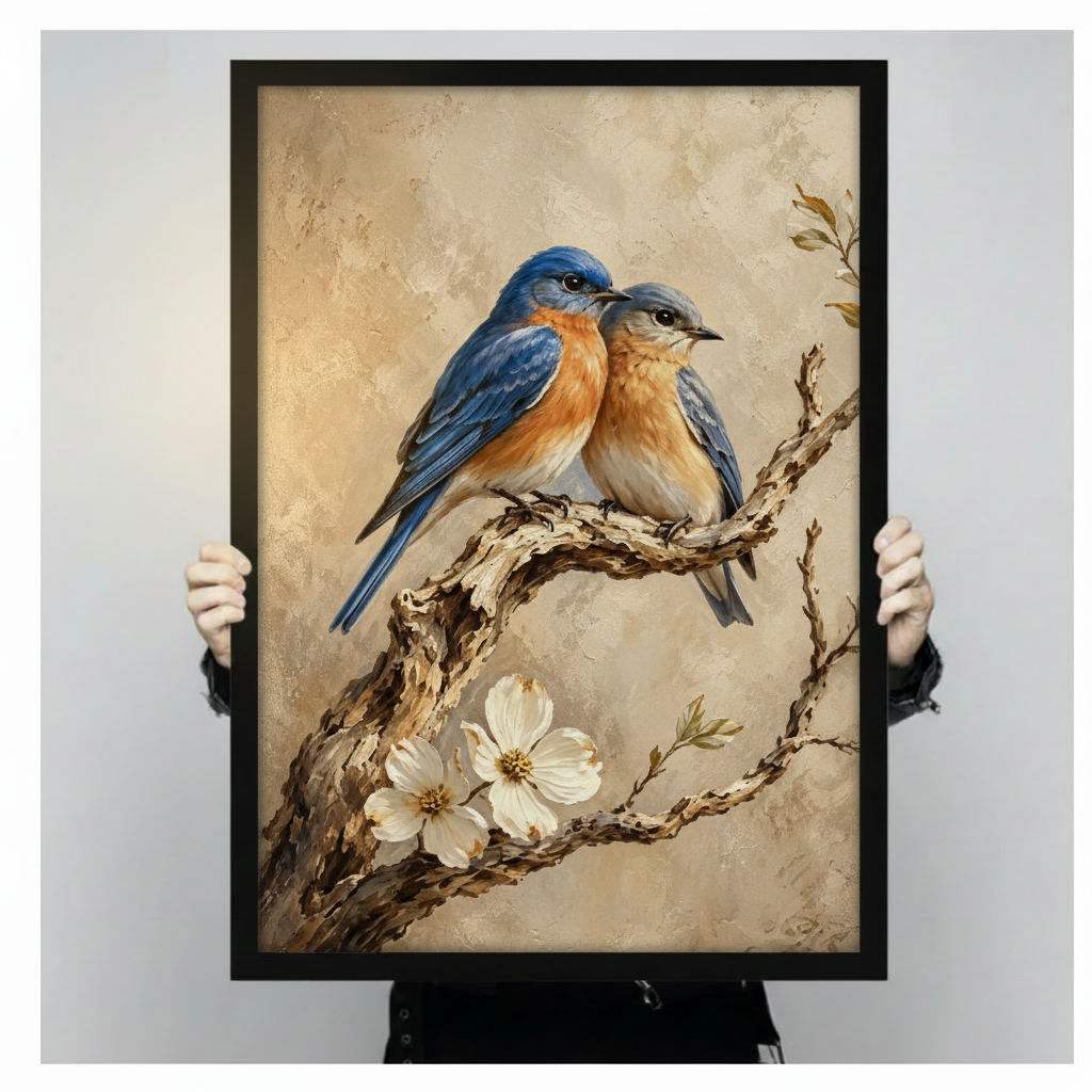 Two bluebirds with vivid blue plumage and rust orange breasts perched on a twisted branch with white flowers on a warm sandy background botanical bird oil painting framed print held against a light gray background