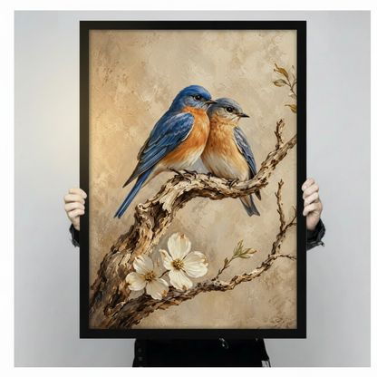 Two bluebirds with vivid blue plumage and rust orange breasts perched on a twisted branch with white flowers on a warm sandy background botanical bird oil painting framed print held against a light gray background