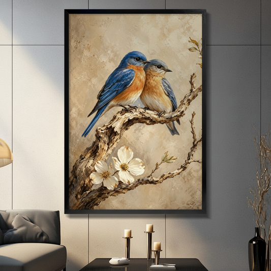 Two bluebirds perched on a gnarled branch with white dogwood flowers oil painting nature bird wall art framed print in a living room with gray tiled wall sofa candle holders and black vase