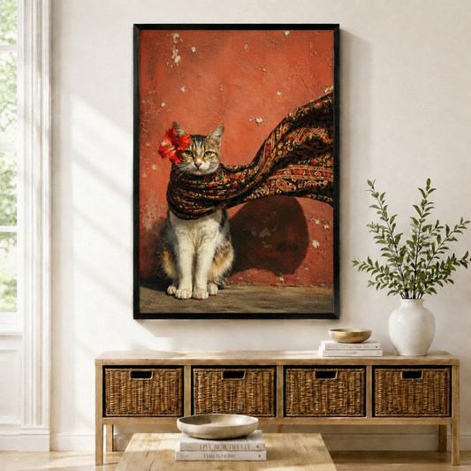 Black framed bohemian cat portrait wall art with red flower and flowing paisley scarf displayed above a rattan console in a bright entryway