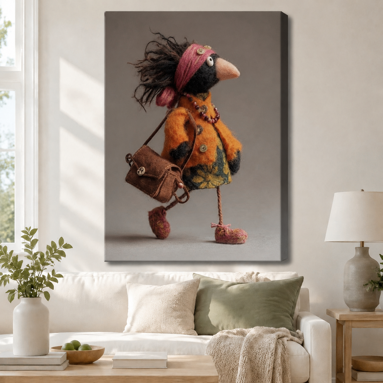 Gallery wrap canvas of a quirky bohemian raven in an orange coat with bead necklace and leather satchel, hung above a white sofa in a cozy neutral living room