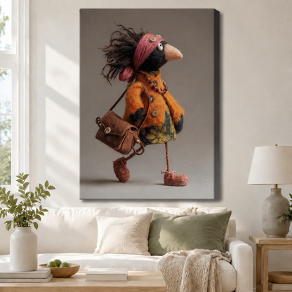 Gallery wrap canvas of a quirky bohemian raven in an orange coat with bead necklace and leather satchel, hung above a white sofa in a cozy neutral living room