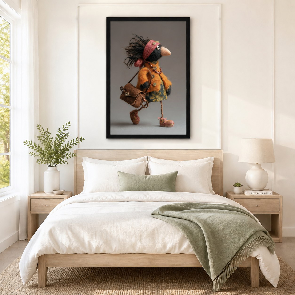 Black framed bohemian raven character wall art in orange felt coat with bead necklace and yarn feet, displayed above a neutral linen bed in a serene Scandinavian bedroom