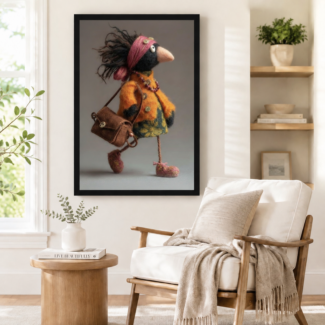 Black framed whimsical crow art print dressed in a bohemian orange felt jacket with pink headband and crossbody bag, styled beside a linen armchair in a Scandinavian reading nook