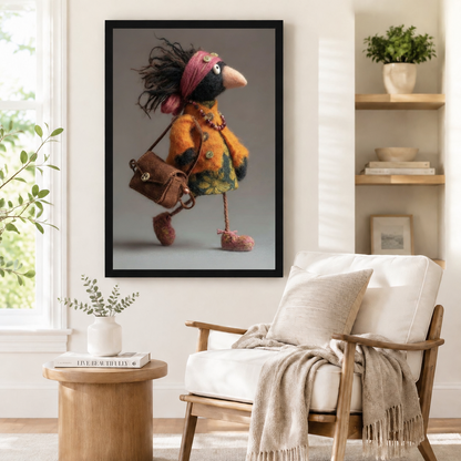 Black framed whimsical crow art print dressed in a bohemian orange felt jacket with pink headband and crossbody bag, styled beside a linen armchair in a Scandinavian reading nook