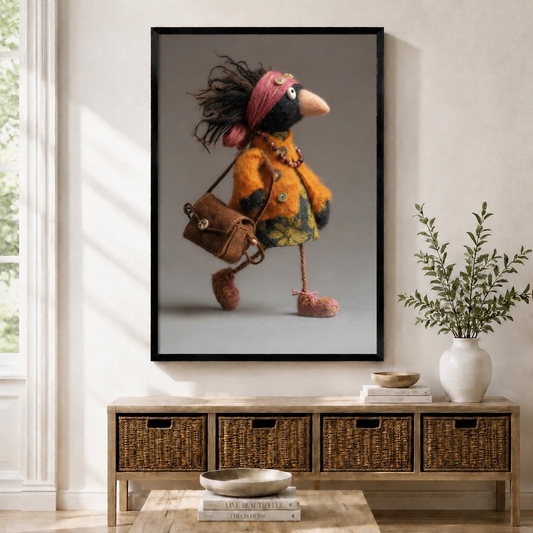 Black framed wall art print of a whimsical bohemian crow wearing an orange felt coat, pink headband, and carrying a brown satchel bag, displayed above a wicker console table in a bright entryway