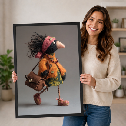 Smiling woman holding a large black-framed art print of a whimsical bohemian crow in an orange coat carrying a brown satchel, eclectic bird character wall art for quirky home decor