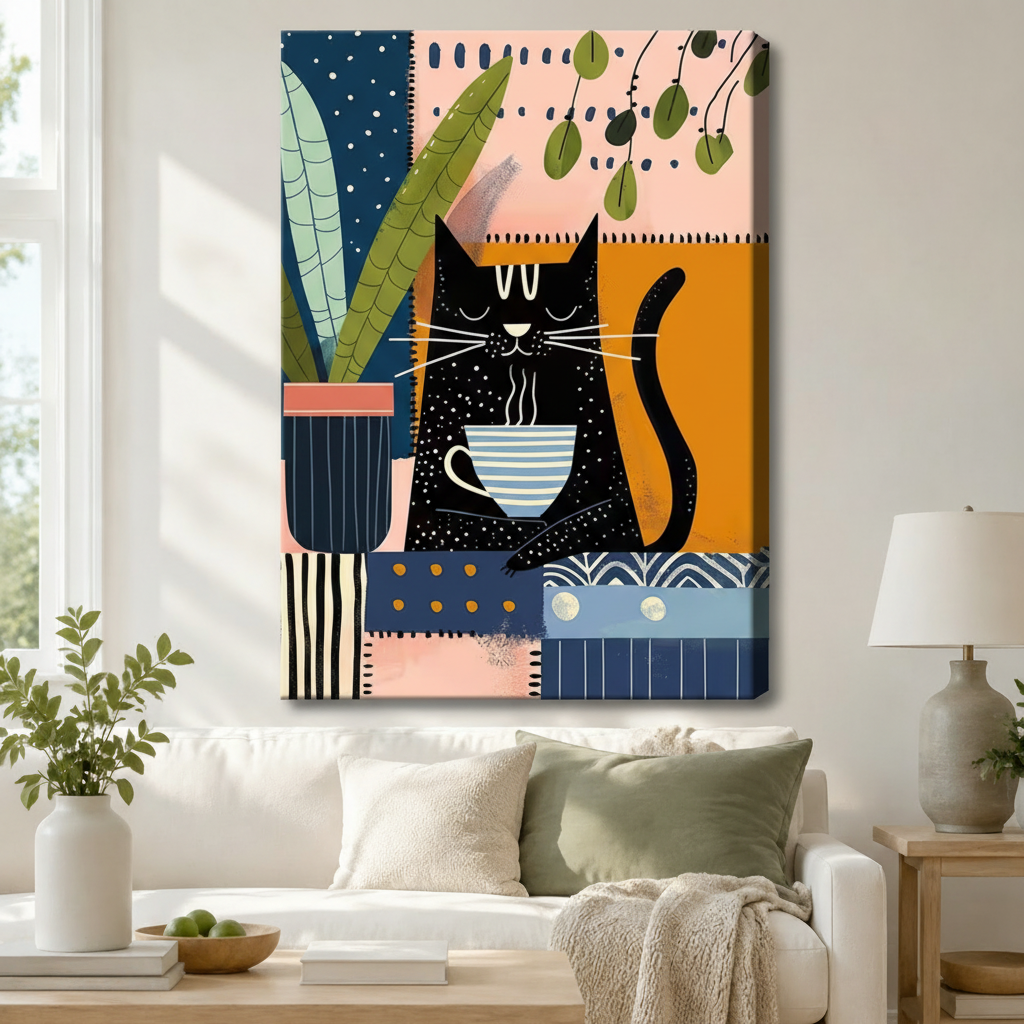 Stretched canvas wall art of a mid-century modern bohemian collage black cat and coffee print featuring a laid-back black cartoon cat cradling a steaming blue and white striped mug beside a large tropical leaf plant in a dark blue striped pot on a colorful patchwork background of pink, navy, orange, and cream geometric panels with dot and stripe patterns and dangling green leaf sprigs, hung above a white sofa with sage green and cream pillows and a white ceramic table lamp in a bright airy living room