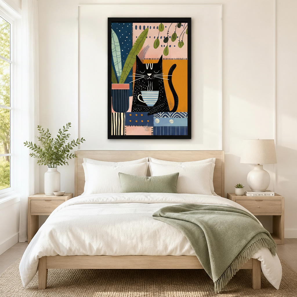 Black framed mid-century modern bohemian collage black cat coffee canvas art with a content black cartoon cat sitting and holding a steaming blue and white striped coffee cup beside a large tropical leaf plant in a dark blue striped pot on a colorful patchwork background of blush pink, deep navy, amber orange, and cream geometric color blocks with polka dot and stripe details and dangling green leaf branches, hung above a light wood bed frame in a serene Scandinavian bedroom with crisp white linen bedding, 
