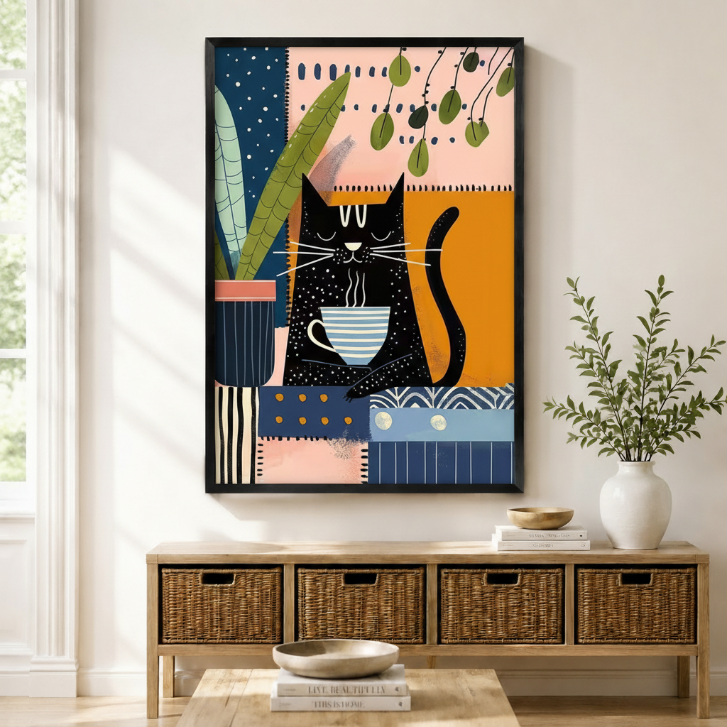 Black framed bohemian collage black cat coffee canvas art with a relaxed black cartoon cat sitting and holding a steaming blue and white striped coffee cup beside a large leafy green plant in a dark blue pot on a vibrant patchwork background of blush pink, deep navy, amber orange, and cream geometric color blocks with polka dots, stripes, and line patterns and hanging green leaf branches above, displayed above a wooden rattan storage bench with wooden bowls, stacked books, and a white ceramic vase of greene