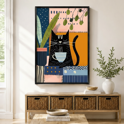 Black framed bohemian collage black cat coffee canvas art with a relaxed black cartoon cat sitting and holding a steaming blue and white striped coffee cup beside a large leafy green plant in a dark blue pot on a vibrant patchwork background of blush pink, deep navy, amber orange, and cream geometric color blocks with polka dots, stripes, and line patterns and hanging green leaf branches above, displayed above a wooden rattan storage bench with wooden bowls, stacked books, and a white ceramic vase of greene