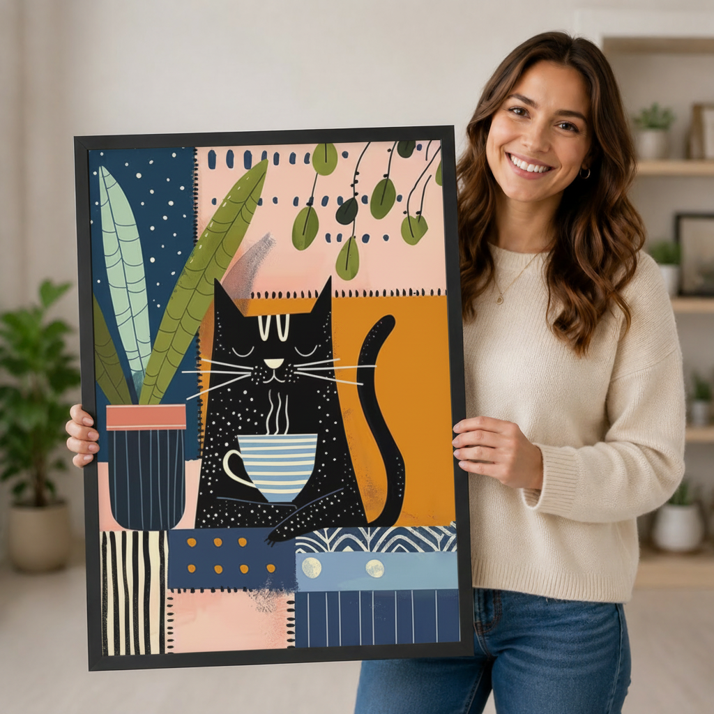 Smiling woman in a cream sweater holding a large vertical black framed bohemian collage black cat coffee canvas art print showing a relaxed black cartoon cat cradling a steaming blue and white striped mug beside a large leafy plant in a dark blue pot on a vibrant patchwork background of pink, navy, orange, and cream geometric panels with dot and stripe patterns and hanging green leaf sprigs in a bright plant-filled room