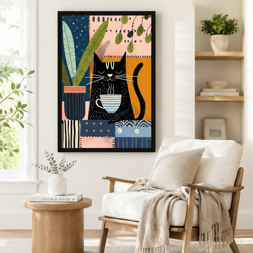 Black framed bohemian collage black cat coffee canvas art showing a content black cartoon cat holding a steaming blue and white striped coffee cup beside a tall leafy green plant in a dark blue pot on a bold patchwork background of blush pink, deep navy, warm orange, and cream color blocks with polka dot and stripe details and hanging green leaf branches, displayed on a white wall beside a white wooden armchair with a cream fringed throw and a round wood side table with stacked books