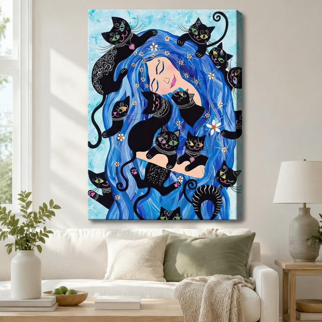 Stretched canvas wall art of a dreamy bohemian fantasy blue hair woman and black cats print featuring a peaceful smiling woman with long flowing deep blue wavy hair cascading across the entire canvas with nine whimsical decorative black cats of varying poses and multicolored eyes with delicate white swirl markings playfully nestled in her hair among scattered white daisy blooms on a soft watercolor aqua blue background, hung above a white sofa with sage green and cream pillows and a white ceramic table lamp
