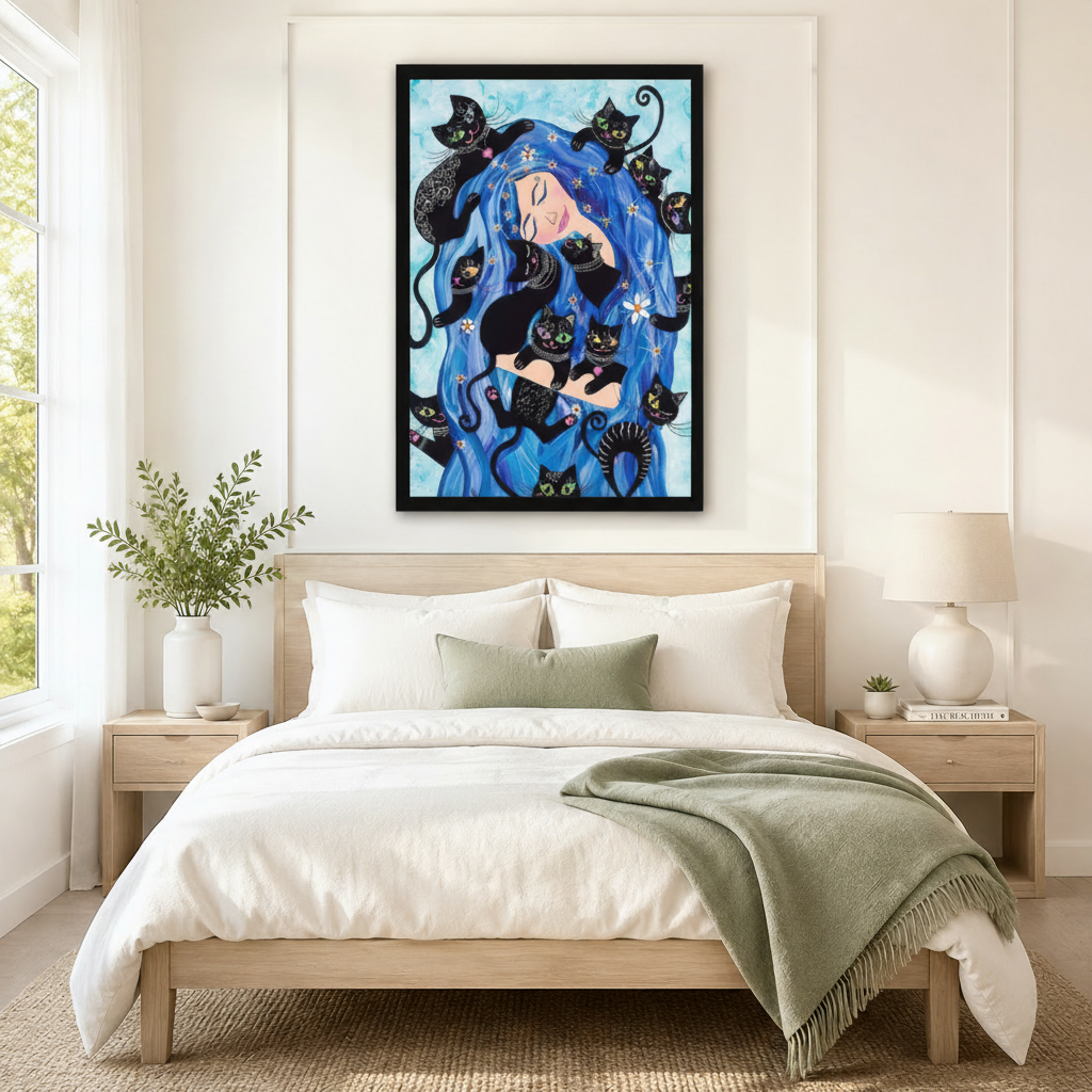 Black framed bohemian fantasy blue hair woman and black cats canvas art with a peaceful smiling woman with flowing cobalt blue wavy hair cascading across the canvas surrounded by eight whimsical decorative black cats with vivid multicolored eyes and intricate white patterned markings in playful poses nestled throughout her hair with white daisy flowers scattered among the waves on a soft watercolor sky blue background, hung above a light wood bed frame in a serene bedroom with crisp white linen bedding, a s