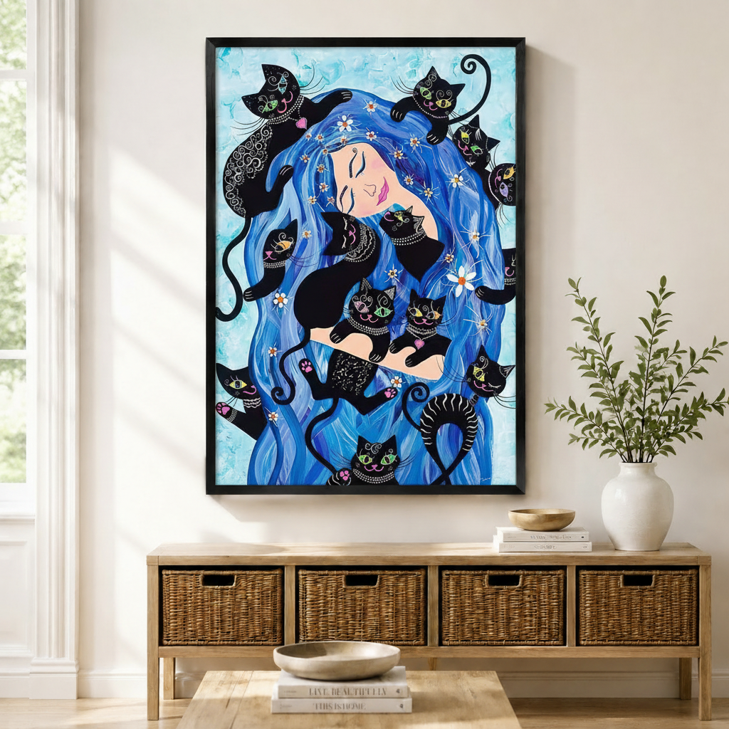 Black framed bohemian fantasy blue hair woman and black cats canvas art with a serene smiling woman with flowing cobalt blue wavy hair filling the canvas surrounded by eight playful decorative black cats with colorful eyes and intricate white patterned markings nestled throughout her hair alongside scattered white daisy flowers on a soft watercolor sky blue background, displayed above a wooden rattan storage bench with a white ceramic bowl, stacked books, and a white vase of greenery in a bright sunlit entr