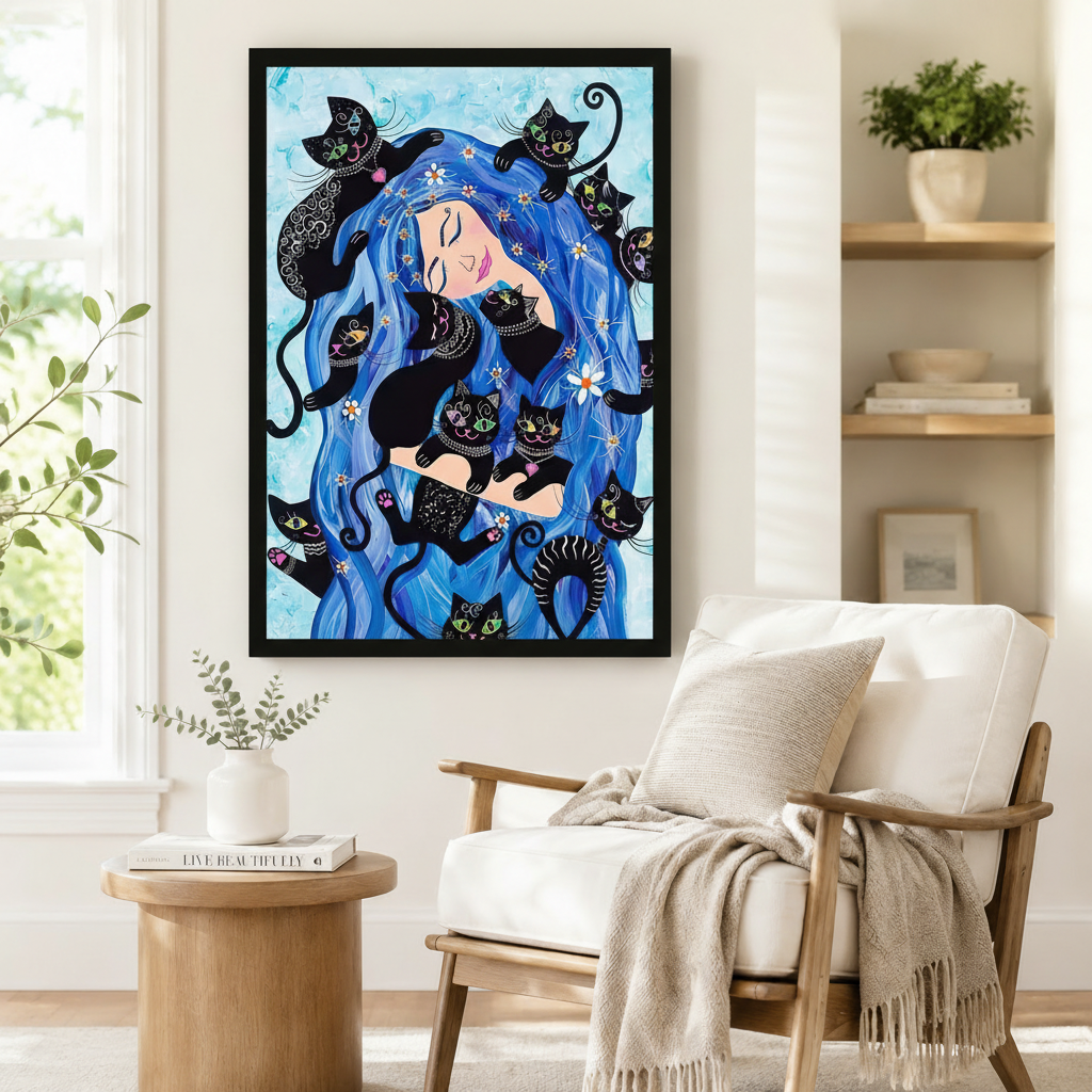Black framed bohemian fantasy blue hair woman and black cats canvas art showing a blissful smiling woman with sweeping cobalt blue wavy hair covering the canvas with eight whimsical decorative black cats with vivid multicolored eyes and intricate white pattern details in various playful poses woven throughout her flowing hair with white daisy flowers scattered throughout on a soft watercolor sky blue background, displayed beside a white wooden armchair with a cream fringed throw and a round wood side table 