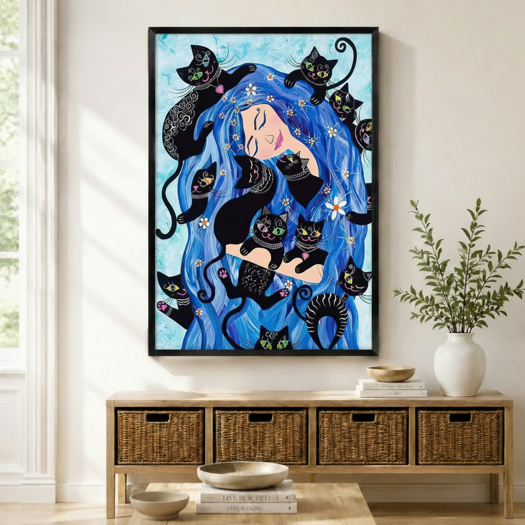Black framed bohemian fantasy blue hair woman and black cats canvas art with a serene smiling woman with flowing cobalt blue wavy hair filling the canvas surrounded by eight playful decorative black cats with colorful eyes and intricate white patterned markings nestled throughout her hair alongside scattered white daisy flowers on a soft watercolor sky blue background, displayed above a wooden rattan storage bench with a white ceramic bowl, stacked books, and a white vase of greenery in a bright sunlit entr